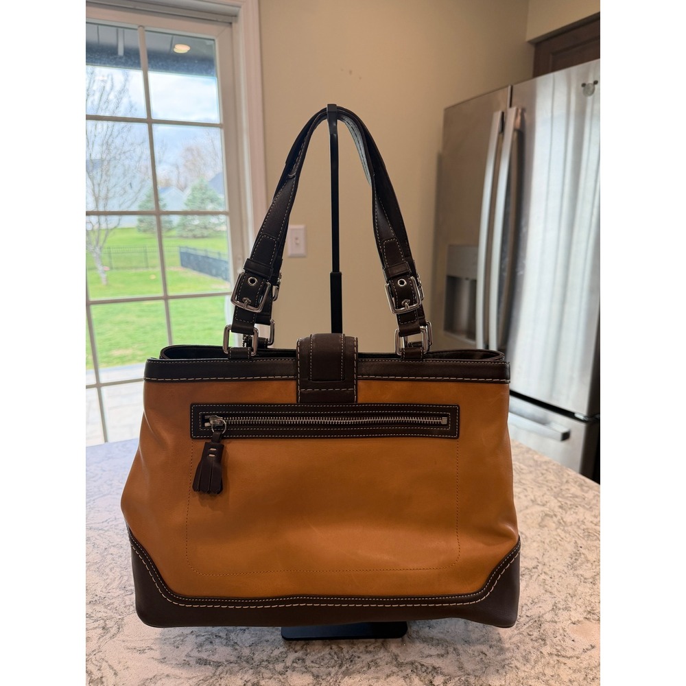 Coach Hampton Stripe Leather Tote Bag and Matching Wallet Brown Tan F11346 - Picture 2 of 6